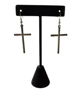 NWT Minimalist Gunmetal Cross Dangle Earrings Sleek Dark Silver Statement